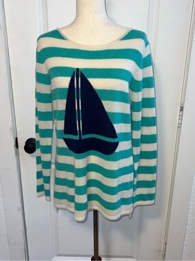 100% Cashmere Nautical Aqua‎ Navy Striped Sail Boat Sweater Hannah Rose Preppy